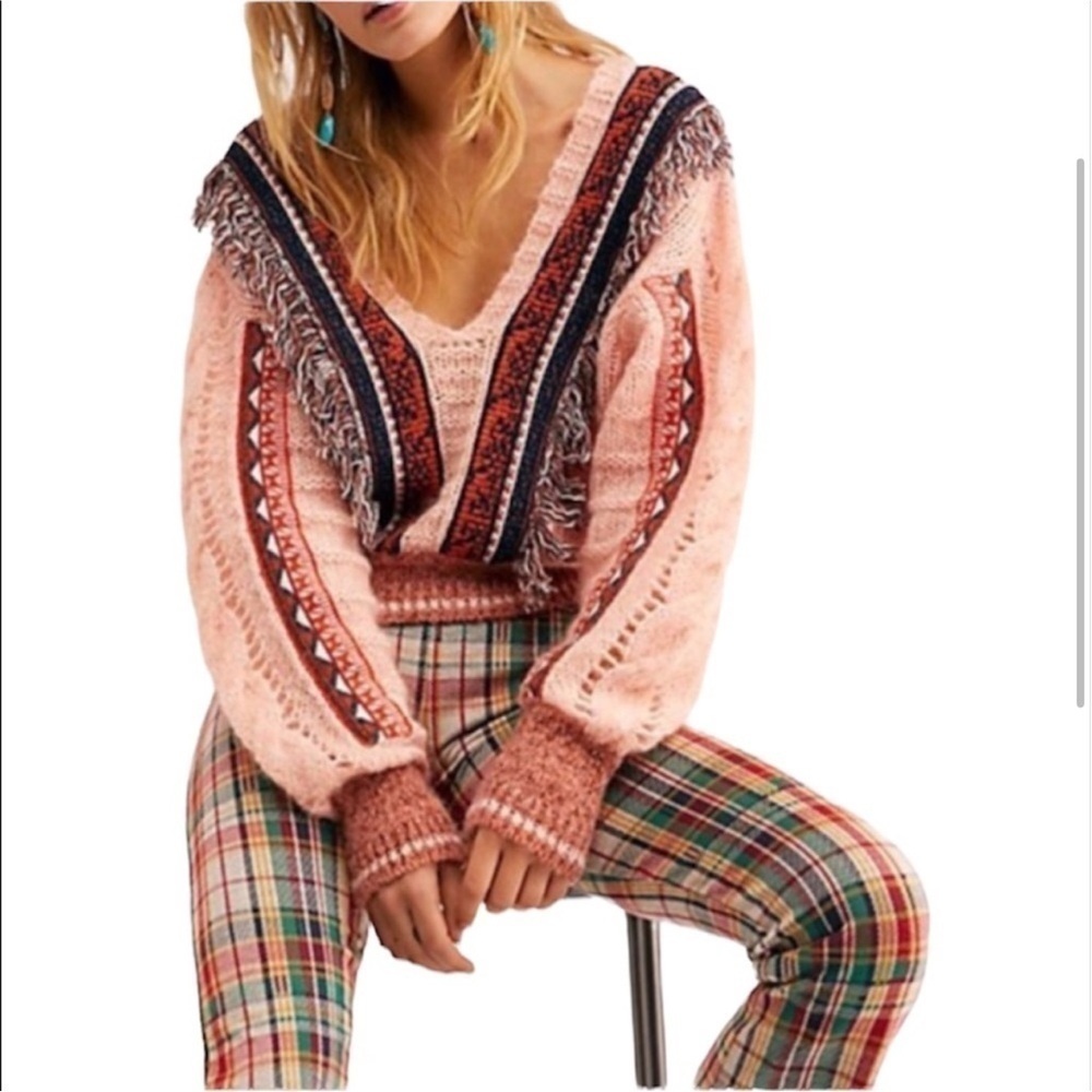 Free People Passion Fruit Peach Fringe Sweater Alpaca Wool Large Boho